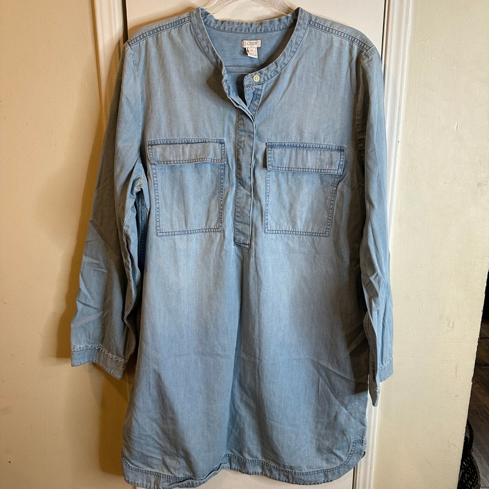 J.Crew Women Blue Chambray Cotton Tunic Dress Band Collar XXL F5528